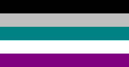 An image of 5 horizontal stripes. From top to bottom, the colours are black, grey, teal, white, and purple.